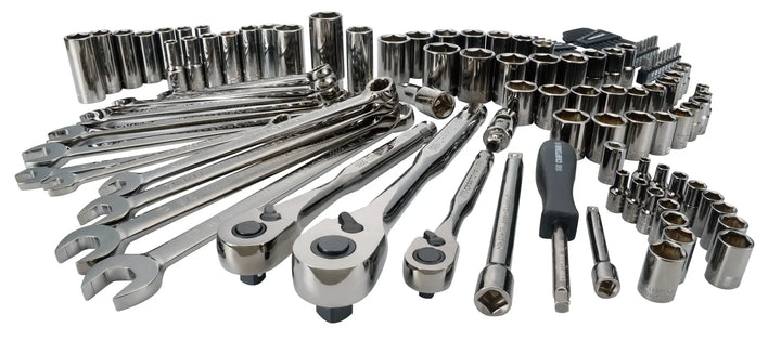 Craftsman CMMT12033 chrome socket set with ratchets, wrenches, and screwdriver, front angle on white background.