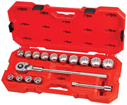 Craftsman CMMT12036 socket wrench set with chrome sockets and ratchet in red plastic case, top view.