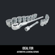 Craftsman ratchet and socket set CMMT12036 photo, chrome finish, automotive tool kit, angled view.