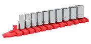Craftsman CMMT12041 socket set with ten chrome sockets on a red organizer, angled on white background.