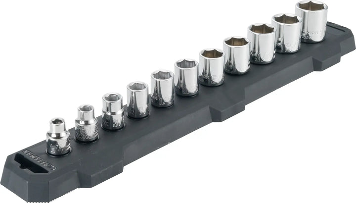 Craftsman CMMT12042 chrome socket set on black tray, photography, angled view, assorted socket sizes