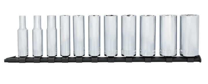 Craftsman CMMT12044 chrome deep socket set, 11 pieces, arranged on black rail, front view.