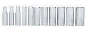 CRAFTSMAN CMMT12044 deep socket set, 11-piece, chrome finish, displayed in a row, front angle on white background.