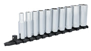 Photo of Craftsman CMMT12044 chrome socket set with ten deep sockets on a black rail, angled on white background.