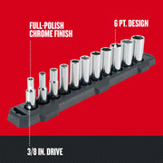 CRAFTSMAN socket set CMMT12044, 3/8-inch drive, chrome finish, 6-point design on black tray, angled view.
