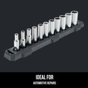Photo of Craftsman socket set on holder tray, chrome finish, for automotive use, CMMT12044, angled view.