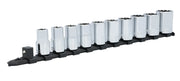 Craftsman CMMT12046 chrome socket set on black rail, front angle on white background.