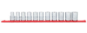 Craftsman socket set CMMT12047 with twelve chrome sockets on red rail, front angle, white background.