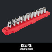 Craftsman chrome socket set on red organizer tray, angled view, CMMT12047, graphics category.