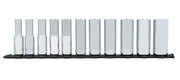 Photo of CRAFTSMAN CMMT12048 chrome hex bit socket set, 11 pieces, arranged on a black rail, front angle.