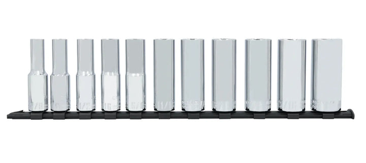 Photo of CRAFTSMAN CMMT12048 chrome hex bit socket set, 11 pieces, arranged on a black rail, front angle.