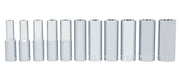 Photo of CRAFTSMAN CMMT12048 chrome deep socket set, 11 pieces, arranged upright, on white background.