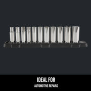 Craftsman chrome socket set CMMT12048 on black tray, front angle, ideal for automotive repairs.