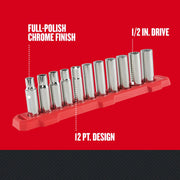 Craftsman chrome socket set CMMT12049 with 12-point design on red holder, side angle photo.