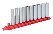 Craftsman CMMT12051 socket set with chrome finish, arranged on red organizer, front angle photo.