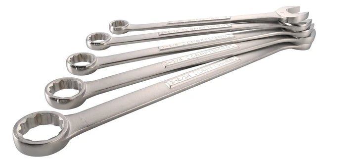 Photography of Craftsman CMMT12054 silver box-end wrench set, five pieces, angled on white background.