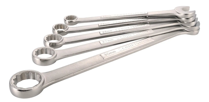 Photo of CRAFTSMAN box end wrench set, sizes 23-30mm, silver finish, SKU CMMT12055, angled on white background.