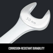 Photo of Craftsman 30 mm open-end wrench CMMT12055, silver finish, corrosion-resistant, close-up on black background.