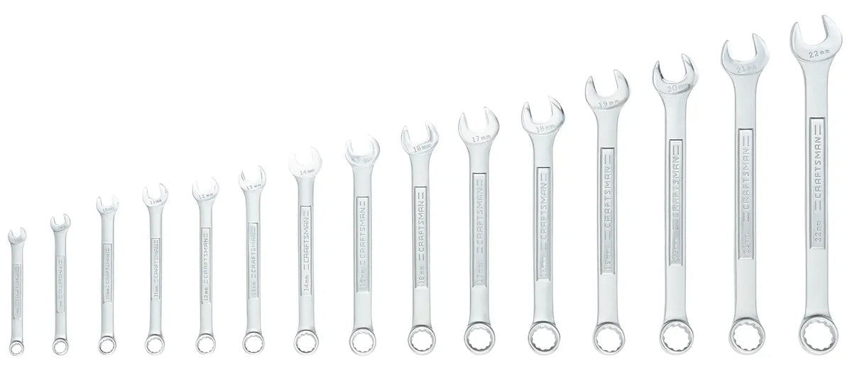 Photo of CRAFTSMAN combination wrench set SKU CMMT12066, 14-piece, silver, arranged in size order on white background.