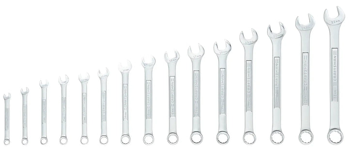 Photo of CRAFTSMAN combination wrench set SKU CMMT12066, 14-piece, silver, arranged in size order on white background.