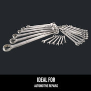 Photo of Craftsman combination wrench set, chrome finish, assorted sizes, SKU CMMT12068, tool set on dark background.