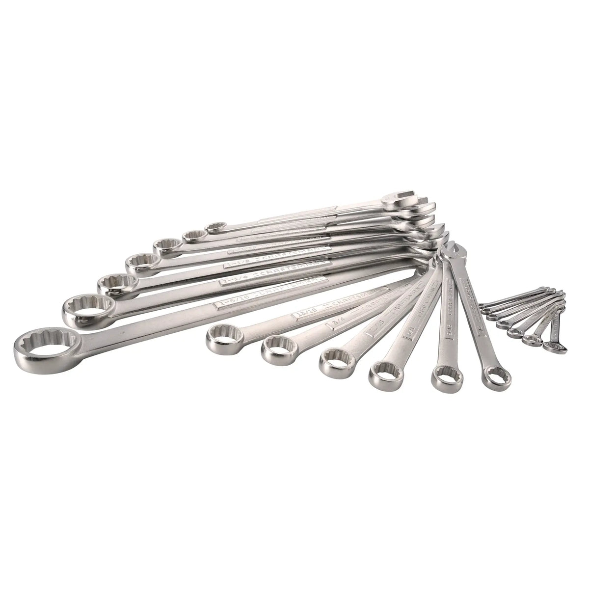 Photo of CRAFTSMAN CMMT12069 combination wrench set, multiple chrome wrenches fanned out on white background.