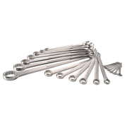 Photo of CRAFTSMAN CMMT12069 combination wrench set, multiple chrome wrenches fanned out on white background.