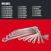 Photo of Craftsman CMMT12069 combination wrench set, various sizes fanned out, shown on a red background, front angle.