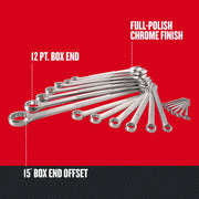 Photo of Craftsman combination wrench set with 12-point box ends, 15° box end offset, chrome finish, SKU CMMT12069.