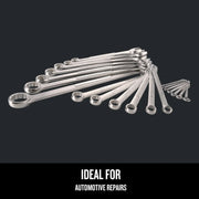 Photo of Craftsman graphics set CMMT12069, silver box-end wrenches assorted sizes, angled on dark background.