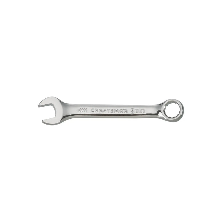 Photo of CRAFTSMAN 9mm combination wrench, silver finish, SKU CMMT12083, top view on white background.