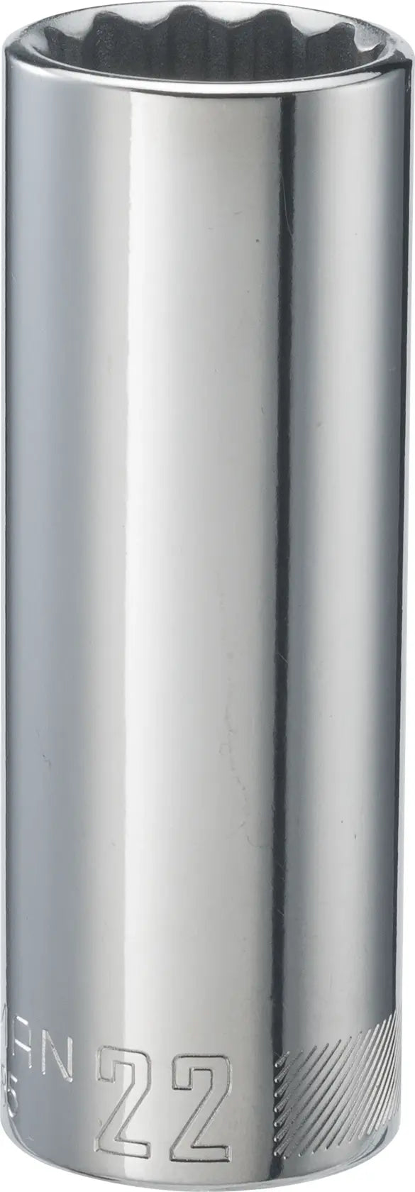 Photo of Craftsman CMMT12085 chrome deep socket, 22mm, viewed from the front on white background.