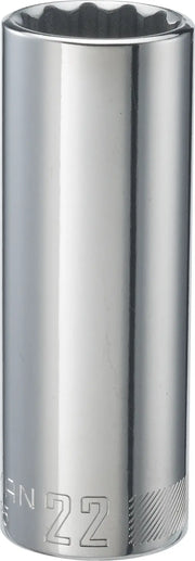 Photo of Craftsman CMMT12085 chrome deep socket, 22mm, viewed from the front on white background.
