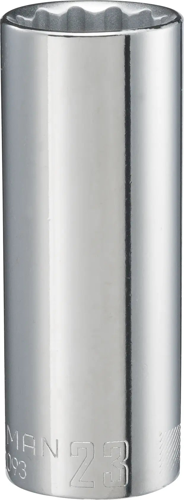 Photo of a Craftsman 23mm deep socket, chrome finish, SKU CMMT12093, shown upright on white background.