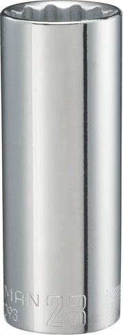 Photo of a Craftsman 23mm deep socket, chrome finish, SKU CMMT12093, shown upright on white background.