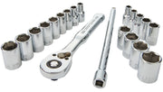 A set of chrome socket wrenches, including a ratchet, an extension bar, and multiple socket sizes, arranged on a white background.