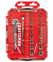 A red and clear plastic case containing a set of socket wrenches, extensions, and sockets organized in rows. The case is branded with the word 'CRAFTSMAN' in white letters and has a handle for carrying.
