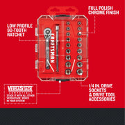 Craftsman socket and ratchet set CMMT12108, chrome finish, clear case, top-down view, graphics category.