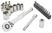A set of shiny chrome ratchet wrenches, sockets, a socket extension, and various screwdriver bits arranged on a white background.