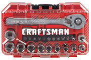 A red Craftsman socket and ratchet set in a clear plastic case, showing various sockets, a ratchet wrench, and screwdriver bits arranged neatly inside.