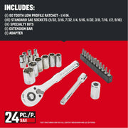 Craftsman CMMT12109LZ 24-piece SAE ratchet and socket set, chrome tools, front angle, red background.