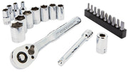 A set of chrome hand tools including a ratchet wrench, multiple sockets of various sizes, an extension bar, and a set of screwdriver bits on a holder, arranged on a white background.