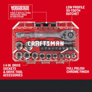 Craftsman CMMT12110LZ graphics showing socket set with ratchet, VersaStack compatibility, chrome finish, red background.