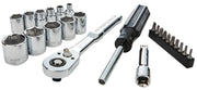 A set of chrome socket wrenches, including a ratchet handle, screwdriver, various sockets in different sizes, an extension bar, and a set of screwdriver bits, all arranged on a white background.