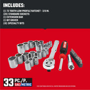 Photo of Craftsman 33-piece SAE/Metric socket and bit set CMMT12113, including ratchet, sockets, bit driver, extension bar, bits.