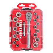 Photo of Craftsman CMMT12114 socket wrench set in red case, top-down angle, showing sockets, ratchet, and extension.