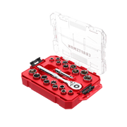 Craftsman CMMT12114 socket and ratchet set in red case, open with clear lid, shown from front angle.