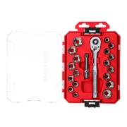 Photo of CRAFTSMAN CMMT12114 socket wrench set with multiple sockets, ratchet, and extension in a red case, top view.