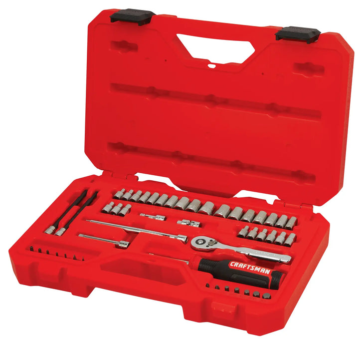 Photo of Craftsman socket and ratchet set CMMT12117 in a red plastic case, viewed at an angle on white background.
