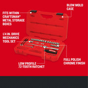 Craftsman CMMT12117 1/4 in. drive mechanics tool set in red blow mold case, with low profile 72-tooth ratchet and chrome finish.